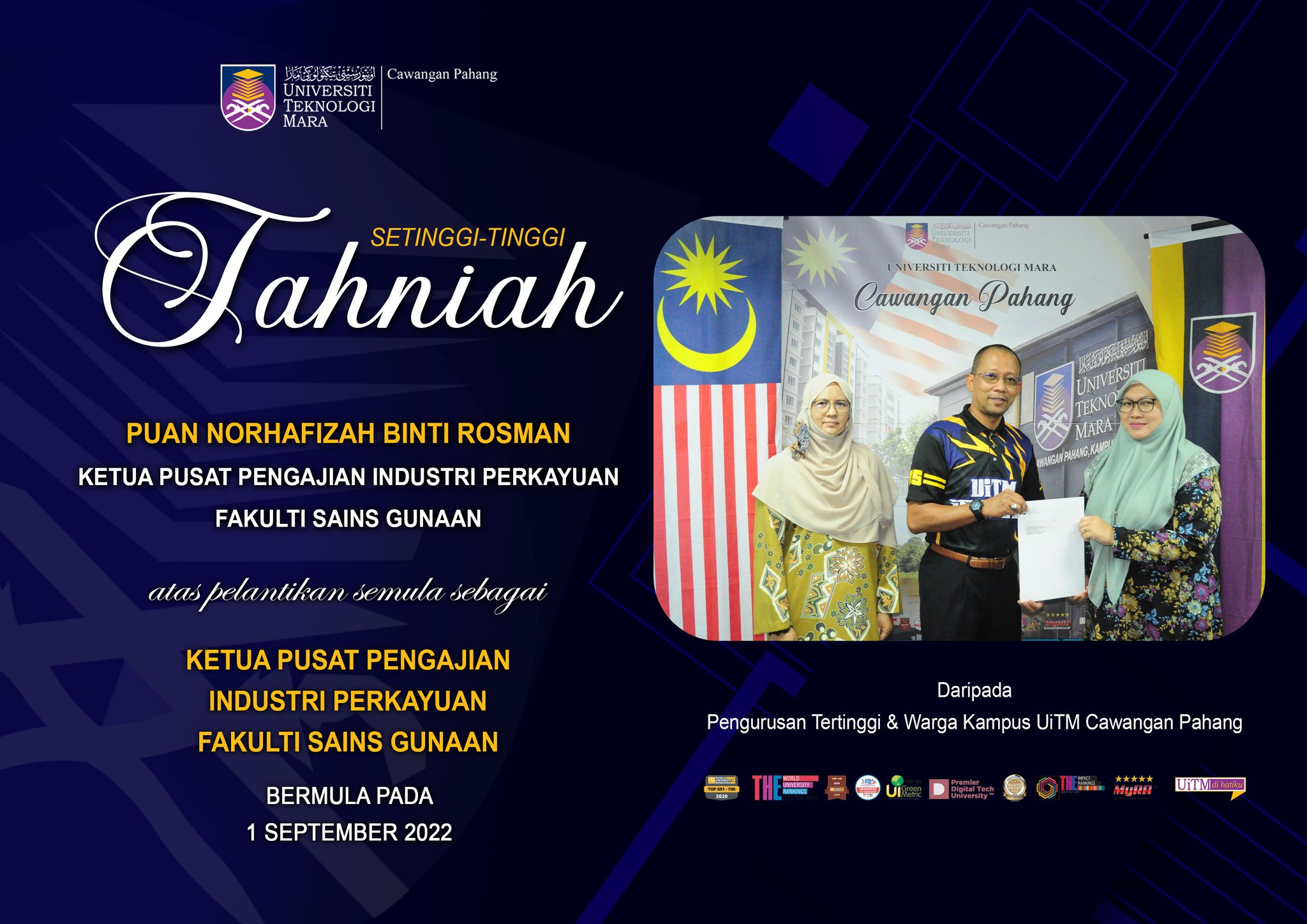 Tahniah Kepada Puan Norhafizah Hashim Atas Lantikan Semula Sebagai